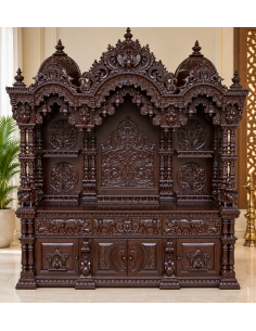 Hand-Carved Wooden Mandir with Triple-Dome Crown and Illuminated Chamber