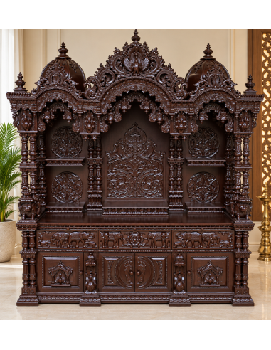 Hand-Carved Wooden Mandir with Triple-Dome Crown and Illuminated Chamber