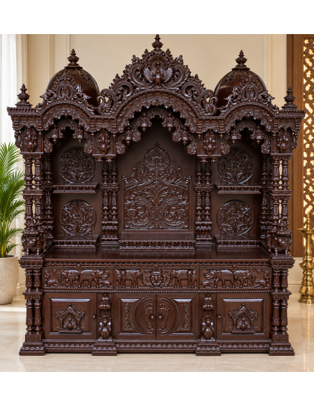 Hand-Carved Wooden Mandir with Triple-Dome Crown and Illuminated Chamber
