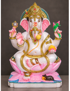 Hand-Painted Marble Ganesha Idol on Lotus Base