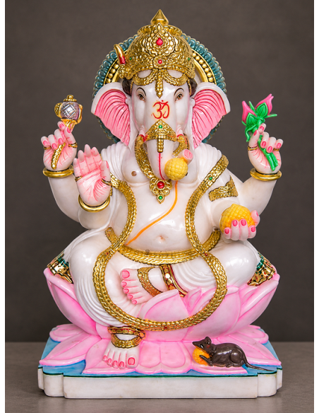Hand-Painted Marble Ganesha Idol on Lotus Base