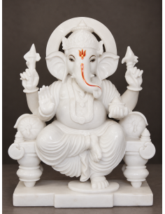 White Marble Ganesha Idol on Pillared Throne Base, 30 Inch