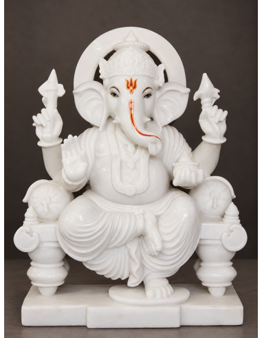 White Marble Ganesha Idol on Pillared Throne Base, 30 Inch