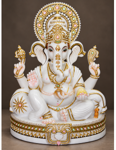 White Marble Ganesha Idol with Gold-Work Halo and Jewellery, 30 Inch