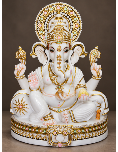 White Marble Ganesha Idol with Gold-Work Halo and Jewellery, 30 Inch