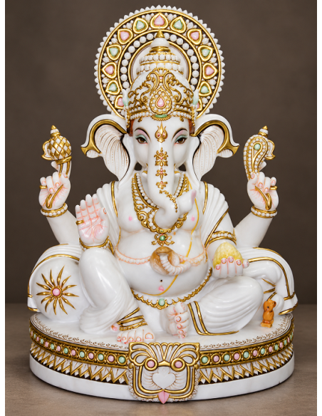 White Marble Ganesha Idol with Gold-Work Halo and Jewellery, 30 Inch