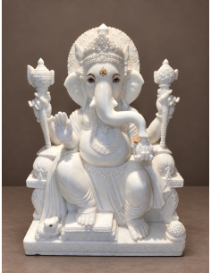 White Marble Ganesha Idol on Rectangular Pillared Base, 30 Inch