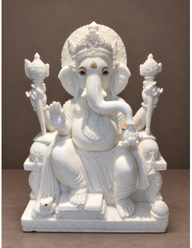White Marble Ganesha Idol on Rectangular Pillared Base, 30 Inch