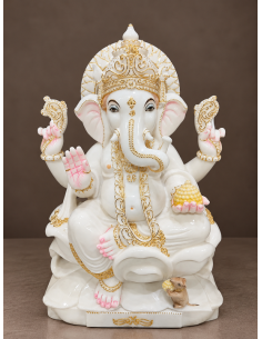 White Marble Ganesha Idol with Gold Crown and Curved Trunk, 30 Inch