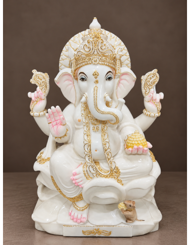 White Marble Ganesha Idol with Gold Crown and Curved Trunk, 30 Inch