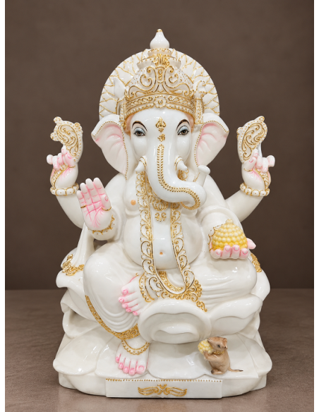 White Marble Ganesha Idol with Gold Crown and Curved Trunk, 30 Inch