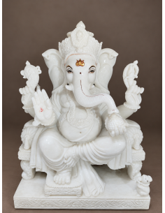 White Marble Ganesha Idol with Gold Crown, Compact Seated Pose, 30 Inch