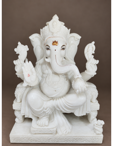 White Marble Ganesha Idol with Gold Crown, Compact Seated Pose, 30 Inch