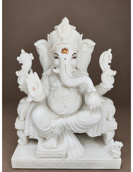 White Marble Ganesha Idol with Gold Crown, Compact Seated Pose, 30 Inch