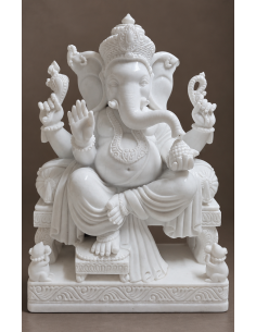 Slender White Marble Ganesha Idol on Pedestal Base, 30 Inch