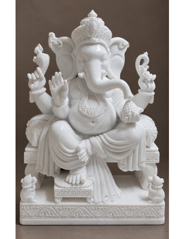 Slender White Marble Ganesha Idol on Pedestal Base, 30 Inch