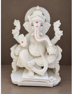 Plain White Marble Ganesha Idol, Classic Seated Form, 30 Inch