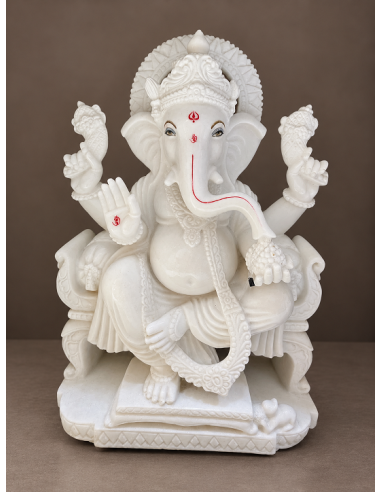 Plain White Marble Ganesha Idol, Classic Seated Form, 30 Inch