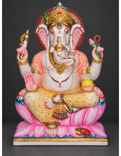 Hand-Painted Marble Ganesha Idol on Pink Lotus Base