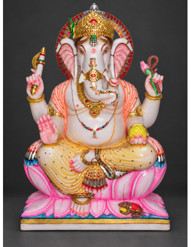 Hand-Painted Marble Ganesha Idol on Pink Lotus Base