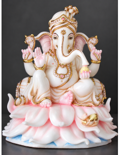 Marble Ganesha Idol on Pink-Tinted Lotus Petal Base | 12 Inch | GMB