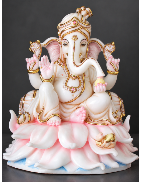 Marble Ganesha Idol on Pink-Tinted Lotus Petal Base | 12 Inch | GMB