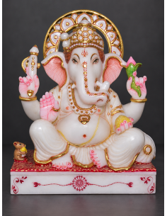 Marble Ganesha Idol on Red Pedestal with Pink Gem Trim, 12 Inch