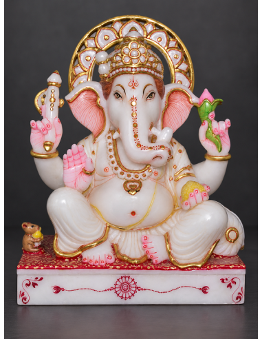 Marble Ganesha Idol on Red Pedestal with Pink Gem Trim, 12 Inch