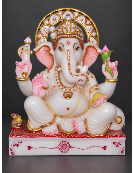 Marble Ganesha Idol on Red Pedestal with Pink Gem Trim, 12 Inch