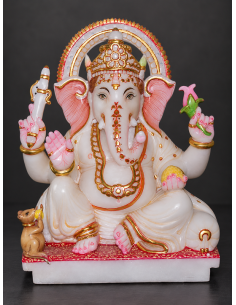 Marble Ganesha Idol with Gold Halo, 12 Inch