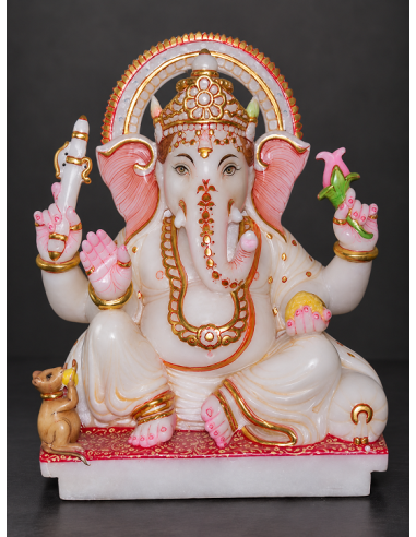 Marble Ganesha Idol with Gold Halo, 12 Inch