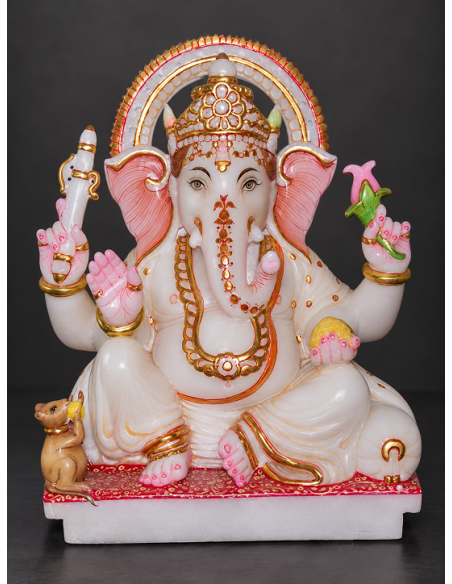 Marble Ganesha Idol with Gold Halo, 12 Inch