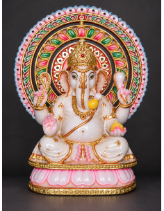 Marble Ganesha Idol with Ornate Painted Halo on Lotus Petal Base, 12 Inch