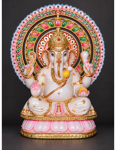 Marble Ganesha Idol with Ornate Painted Halo on Lotus Petal Base, 12 Inch