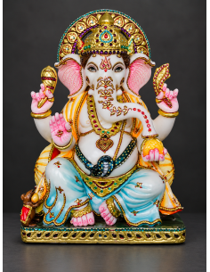 Hand-Painted Marble Ganesha Idol with Pastel Blue Robe | 12 Inch | GMB