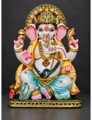 Hand-Painted Marble Ganesha Idol with Pastel Blue Robe | 12 Inch | GMB