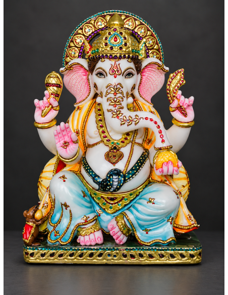 Hand-Painted Marble Ganesha Idol with Pastel Blue Robe | 12 Inch | GMB