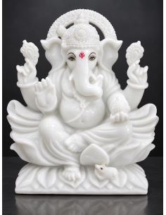 Plain White Marble Ganesha Idol, Minimal Finish, 12 Inch
