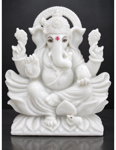 Plain White Marble Ganesha Idol, Minimal Finish, 12 Inch