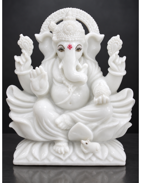 Plain White Marble Ganesha Idol, Minimal Finish, 12 Inch