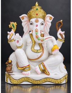 Marble Ganesha Idol with Elaborate Crown on Flat Gold-Trim Base, 12 Inch