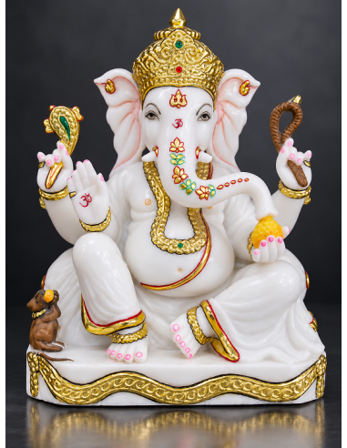 Marble Ganesha Idol with Elaborate Crown on Flat Gold-Trim Base, 12 Inch