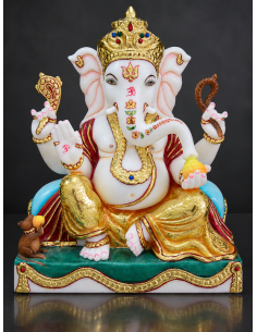 Hand-Painted Marble Ganesha Idol on Teal Pedestal, 12 Inch