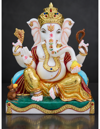 Hand-Painted Marble Ganesha Idol on Teal Pedestal, 12 Inch