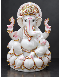 Marble Ganesha Idol on White and Gold Lotus Petal Base | 12 Inch | GMB
