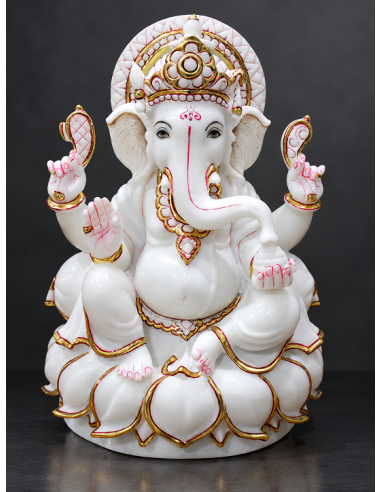 Marble Ganesha Idol on White and Gold Lotus Petal Base | 12 Inch | GMB