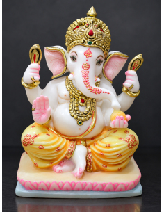 Hand-Painted Marble Ganesha Idol on Blue and Pink Pedestal | 12 Inch | GMB