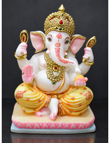 Hand-Painted Marble Ganesha Idol on Blue and Pink Pedestal | 12 Inch | GMB