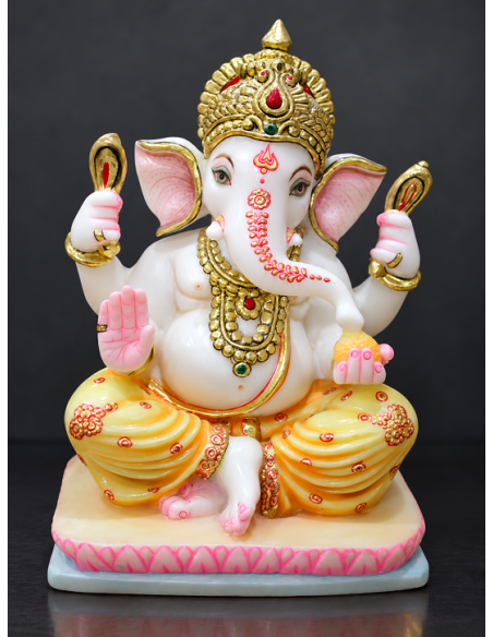 Hand-Painted Marble Ganesha Idol on Blue and Pink Pedestal | 12 Inch | GMB