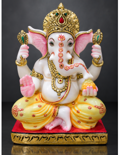 Marble Ganesha Idol with Pink Crown Apex on Red Pedestal | 12 Inch | GMB